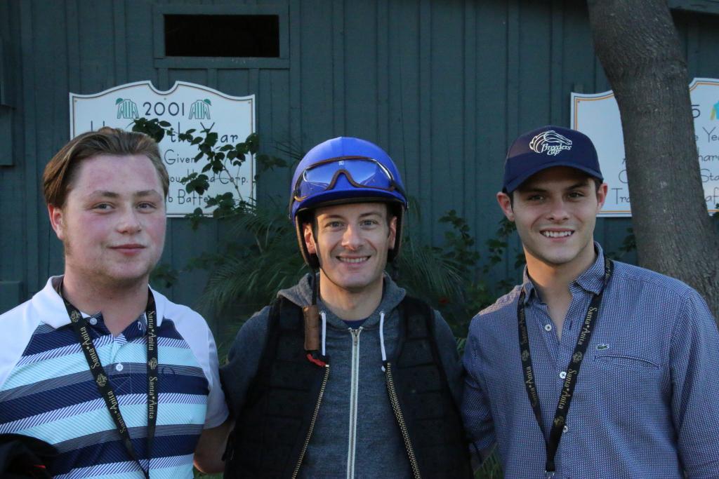 Colt Cunningham and his brother Kyle Luyendyk meet jockey Julien Leparoux. (Julie June Stewart photo)