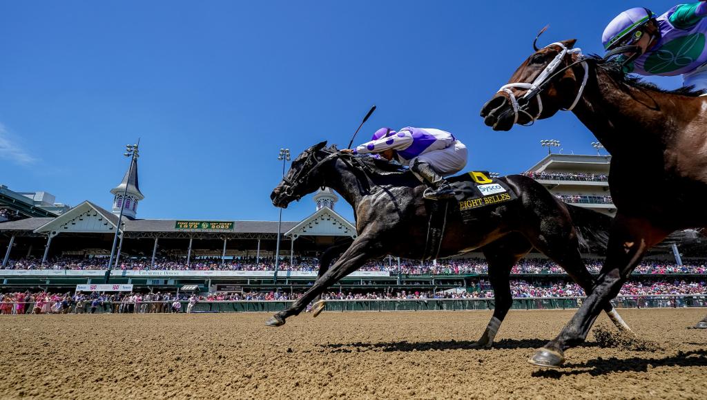 Red Carpet Ready, No. 6 in purple and white, won the $500,000 Eight Belles Stakes presented by Sysco for 3-year-old fillies on the Longines Kentucky Oaks undercard. (Eclipse Sportswire)