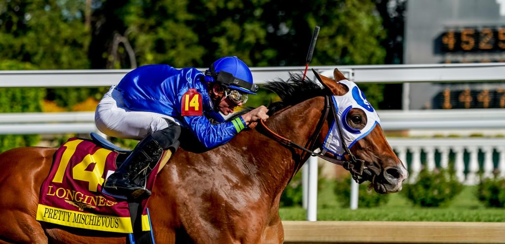 Pretty Mischievous won the $1.25-million Longines Kentucky Oaks with a sweeping rally under Tyler Gaffalione. (Eclipse Sportswire)