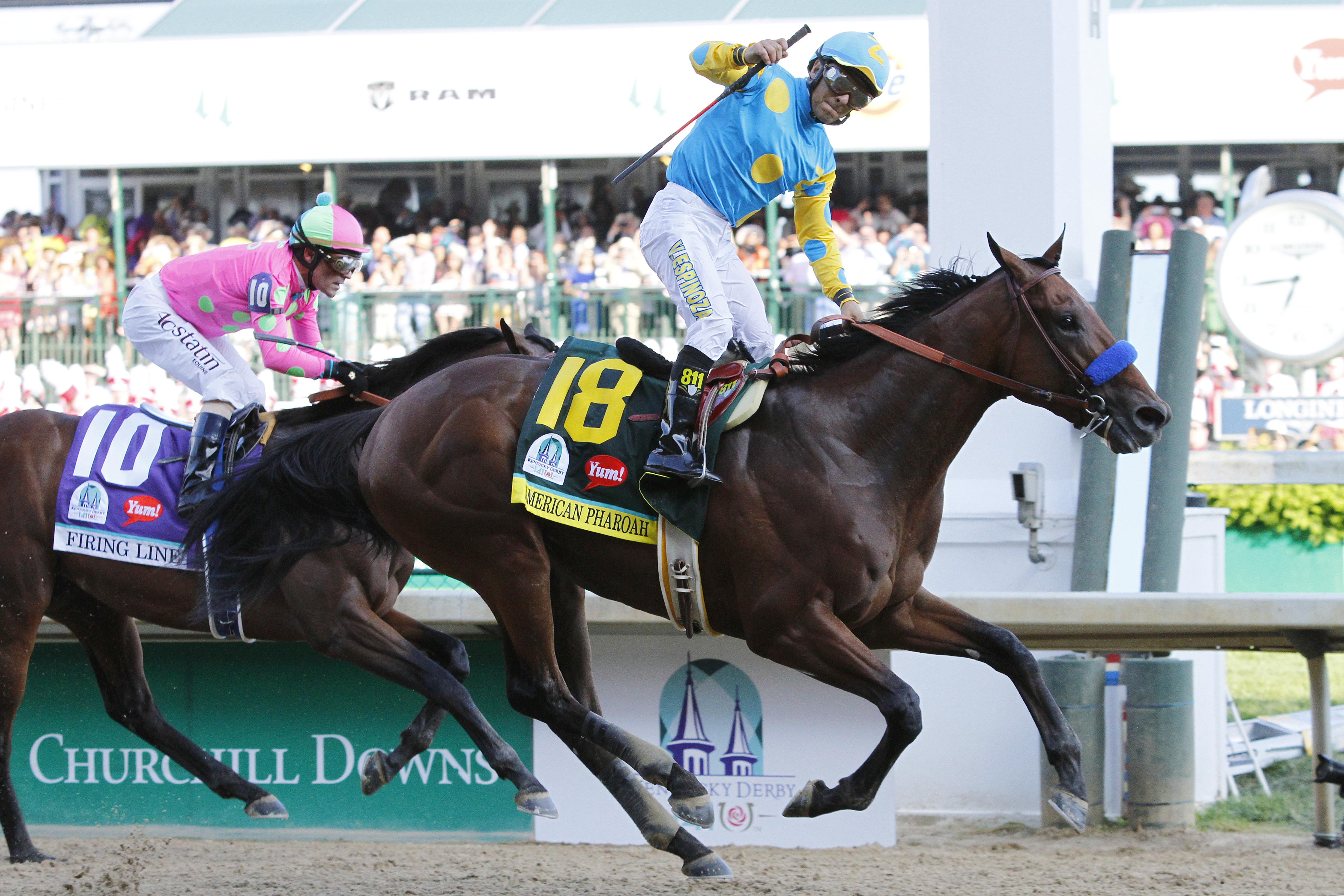 American Pharoah wins the 2015 Kentucky Derby after leaving post position 15 (three horses to his inside scratched).