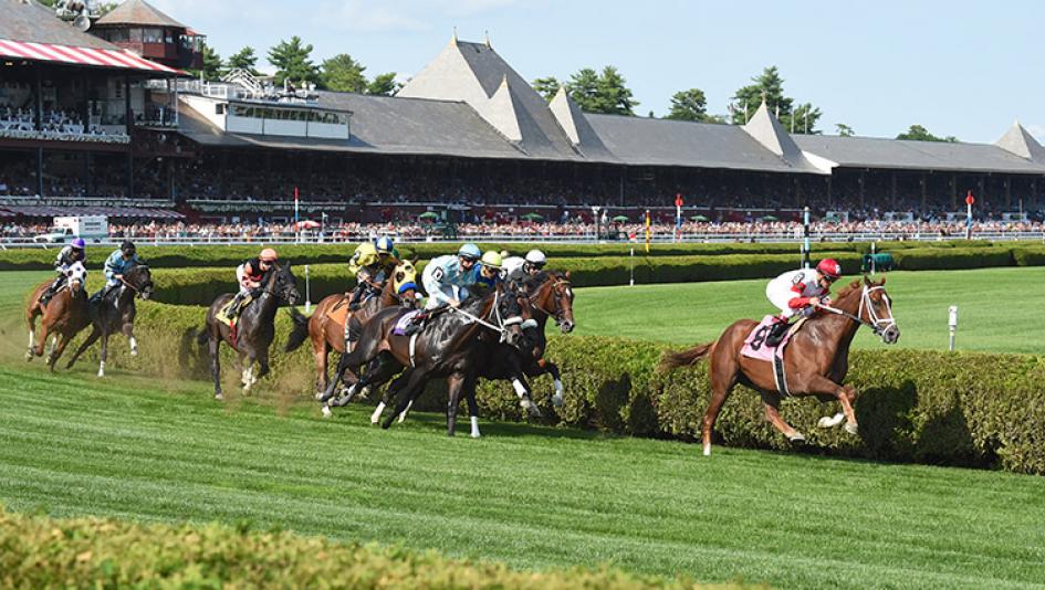 Horses race on the Saratoga turf.