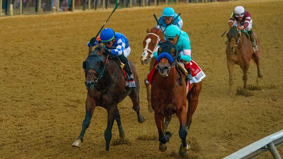 National Treasure (right) led from the start in the 2023 Preakness Stakes and was all out to hold off Blazing Sevens by a head at the finish and win at odds of 2.90-1. 