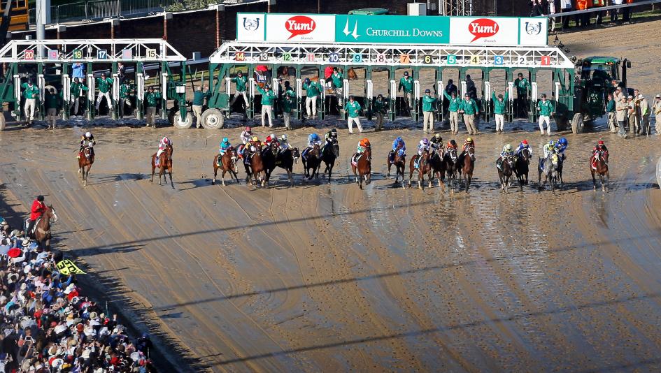 The field breaks from the gate in the 2017 Kentucky Derby.