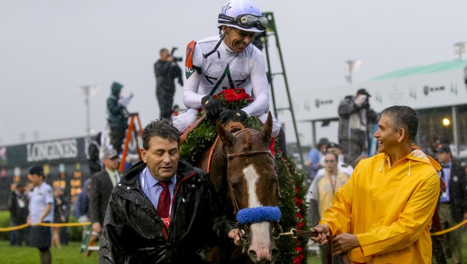 Mike Smith aboard Justify after winning the 2018 Kentucky Derby.