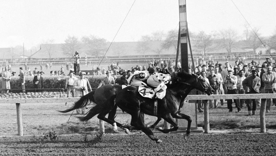 Eventual Horse of the Year Nashua wins the 1955 Wood Memorial.