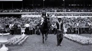 Assault is led into the winner's circle after winning the 1946 Kentucky Derby.