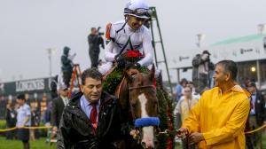 Mike Smith aboard Justify after winning the 2018 Kentucky Derby.
