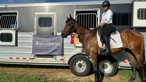 Scout OTTB retired racehorse ex-racehorse aftercare training Thoroughbred Makeover canter skills trot dressage Leighton Farm Placement Resources physical development farm 
